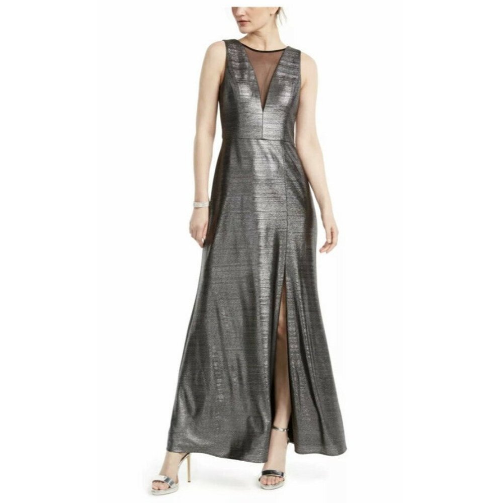 Nightway Womens Gown Dress‎ Gray Stretch Plunge Neck Sleeveless Slit Zip 8 New